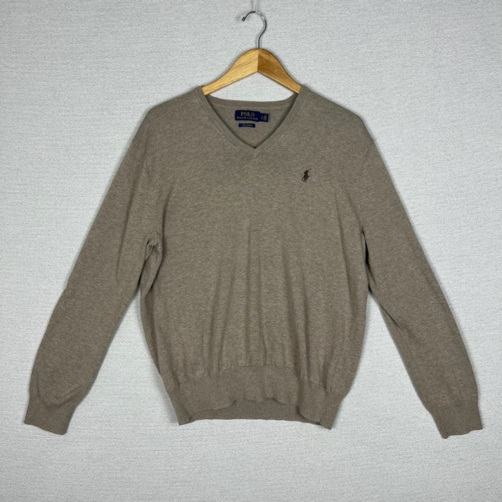 Polo Ralph Lauren Sweater Mens L Tan V Neck Pima Cotton Pony Preppy Heritage
